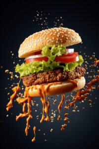 A close-up photo of a juicy burger with lettuce, tomato, cheese, and a sesame seed bun, served on a wooden cutting board.